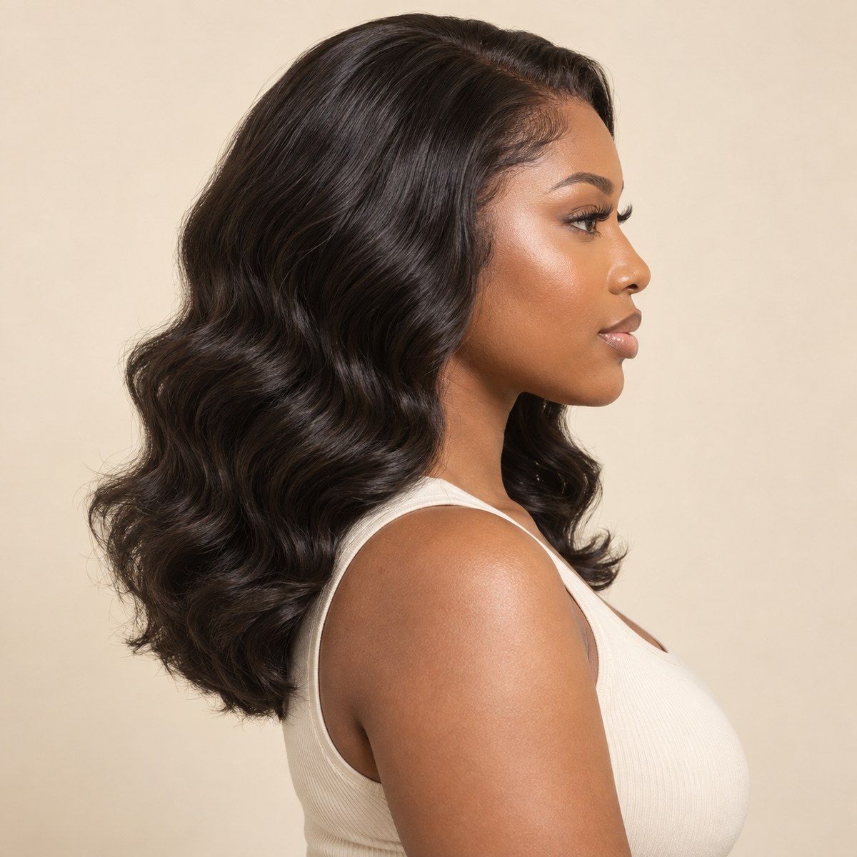 Body Wave 360 Lace Human Hair Wig, 150% density, 18 inch natural black body wave, adult model side view, AI-generated visualization.