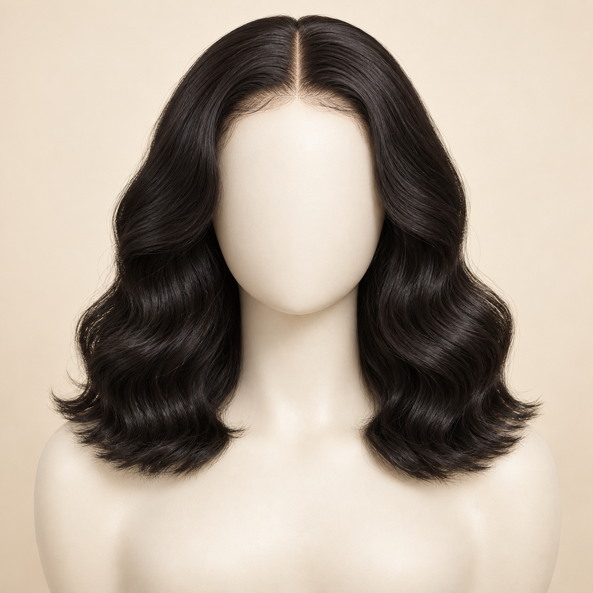 Body Wave 360 Lace Human Hair Wig, 12 inch natural black body wave, mannequin length variant, AI-generated visualization.