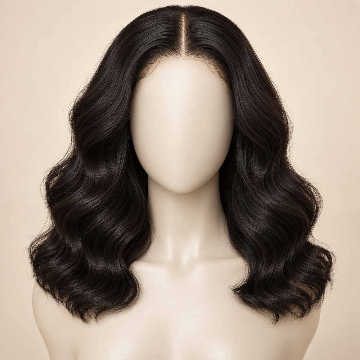 Body Wave 360 Lace Human Hair Wig, 14 inch natural black body wave, mannequin length variant, AI-generated visualization.