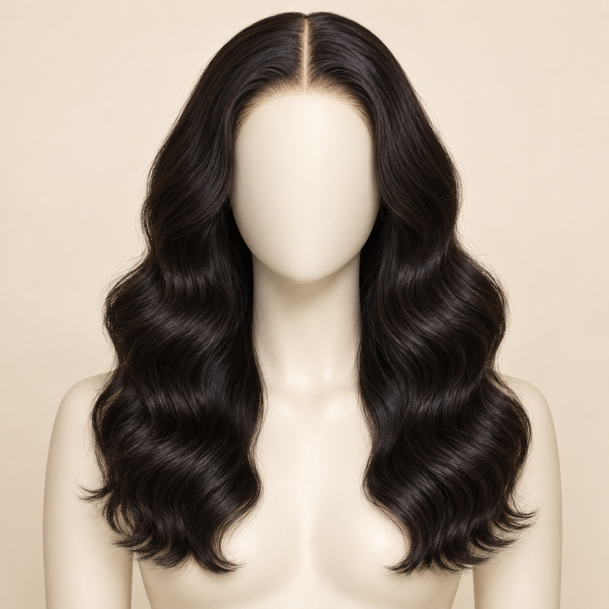 Body Wave 360 Lace Human Hair Wig, 16 inch natural black body wave, mannequin length variant, AI-generated visualization.