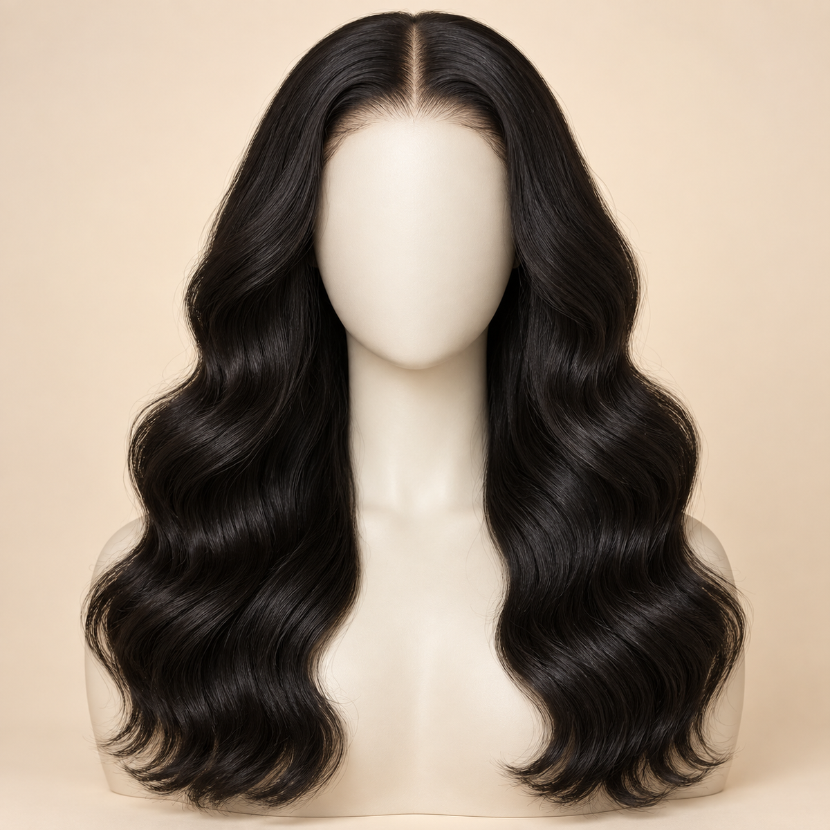 Body Wave 360 Lace Human Hair Wig, 20 inch natural black body wave, mannequin length variant, AI-generated visualization.