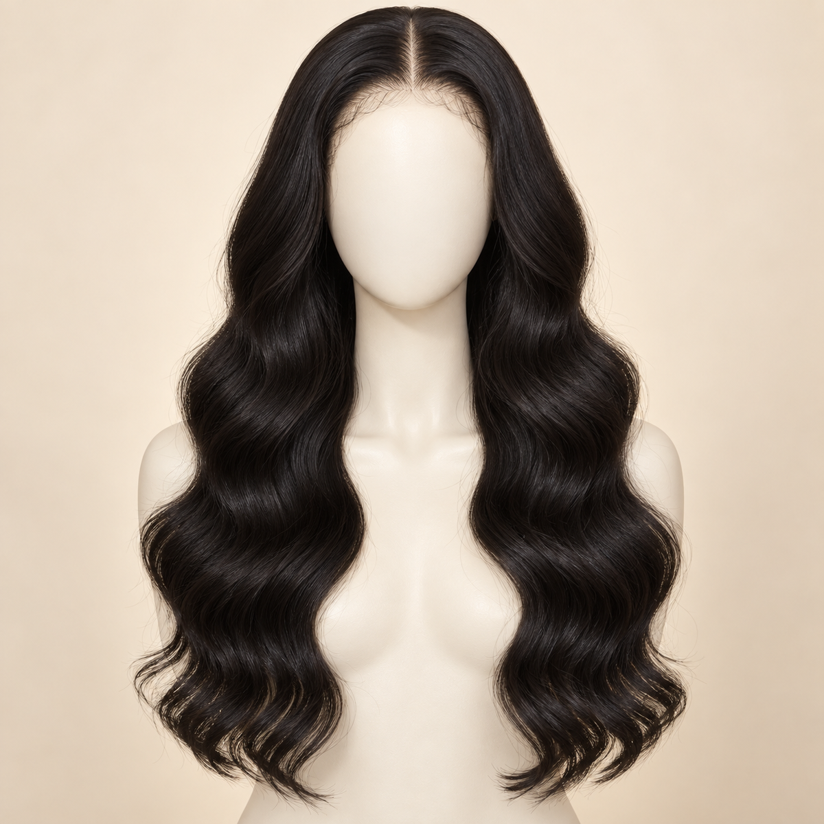 Body Wave 360 Lace Human Hair Wig, 22 inch natural black body wave, mannequin length variant, AI-generated visualization.