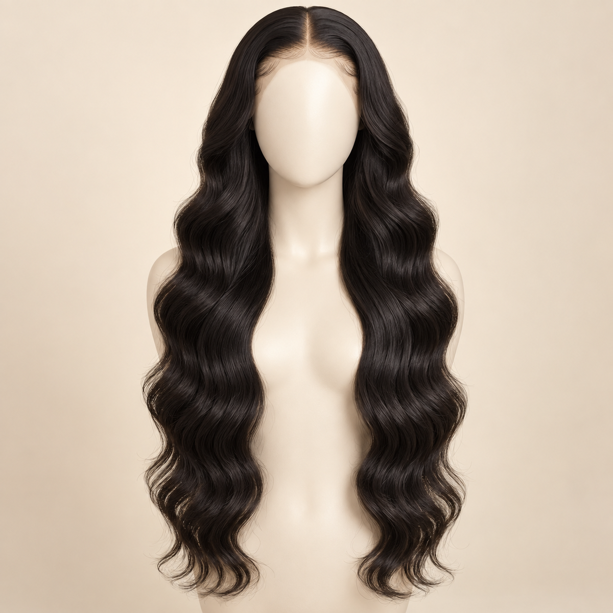 Body Wave 360 Lace Human Hair Wig, 24 inch natural black body wave, mannequin length variant, AI-generated visualization.