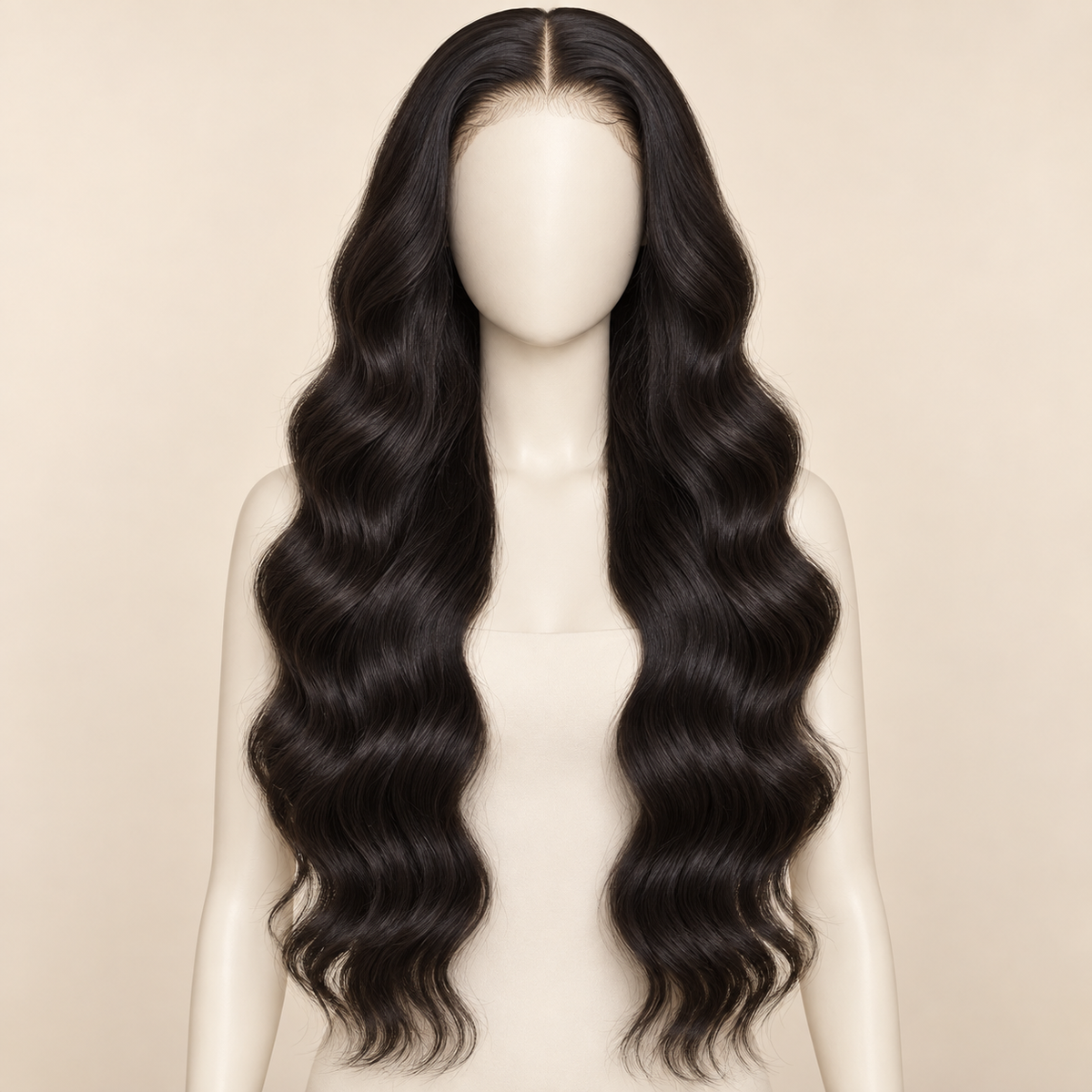 Body Wave 360 Lace Human Hair Wig, 26 inch natural black body wave, mannequin length variant, AI-generated visualization.