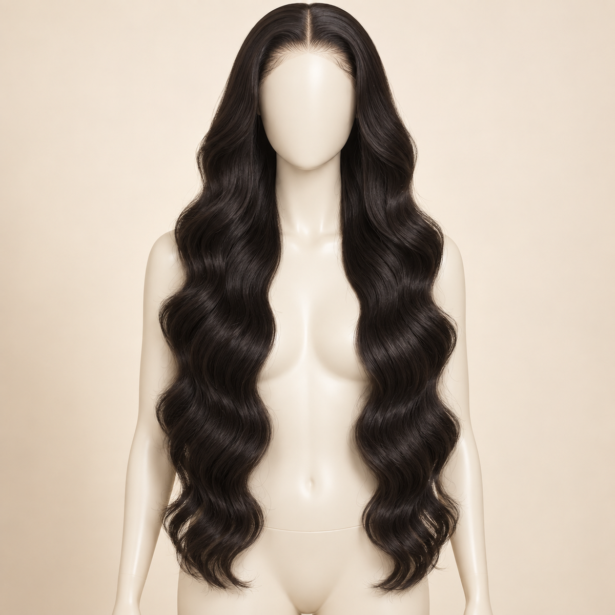 Body Wave 360 Lace Human Hair Wig, 28 inch natural black body wave, mannequin length variant, AI-generated visualization.