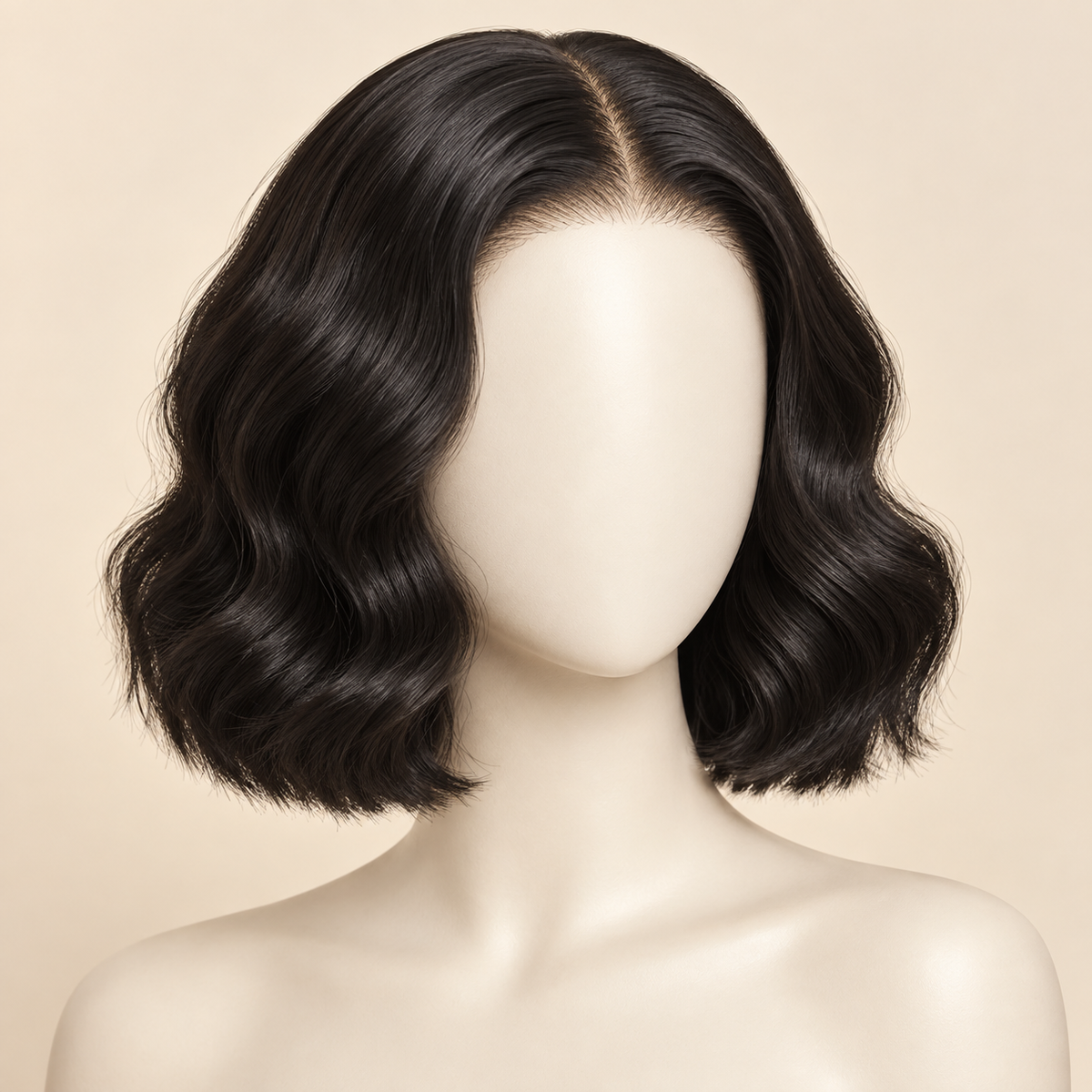 Body Wave 360 Lace Human Hair Wig, 8 inch natural black body wave, mannequin length variant, AI-generated visualization.