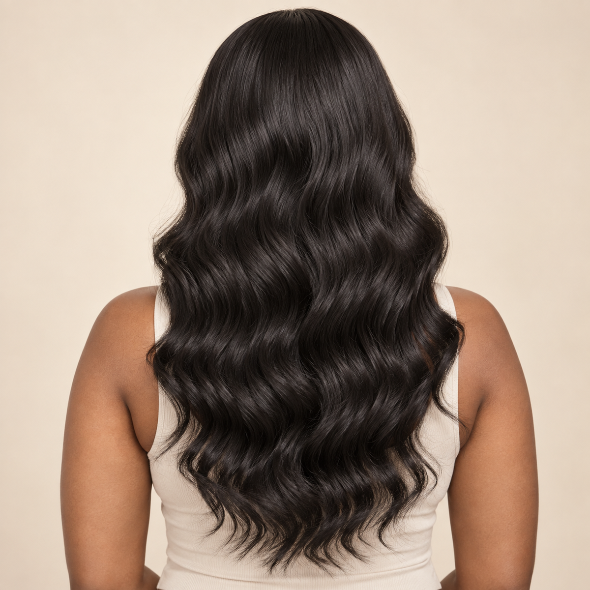 Body Wave 360 Lace Human Hair Wig, 18 inch natural black body wave, adult model back view, AI-generated visualization.