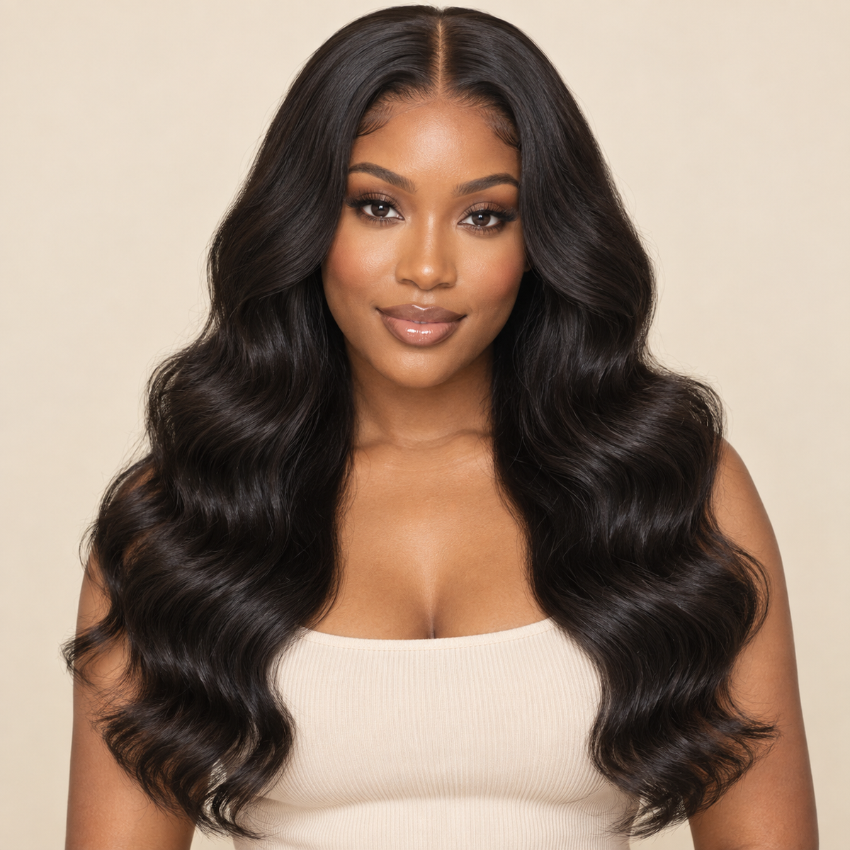 Body Wave 360 Lace Human Hair Wig, 18 inch natural black body wave, adult model front view, AI-generated visualization.