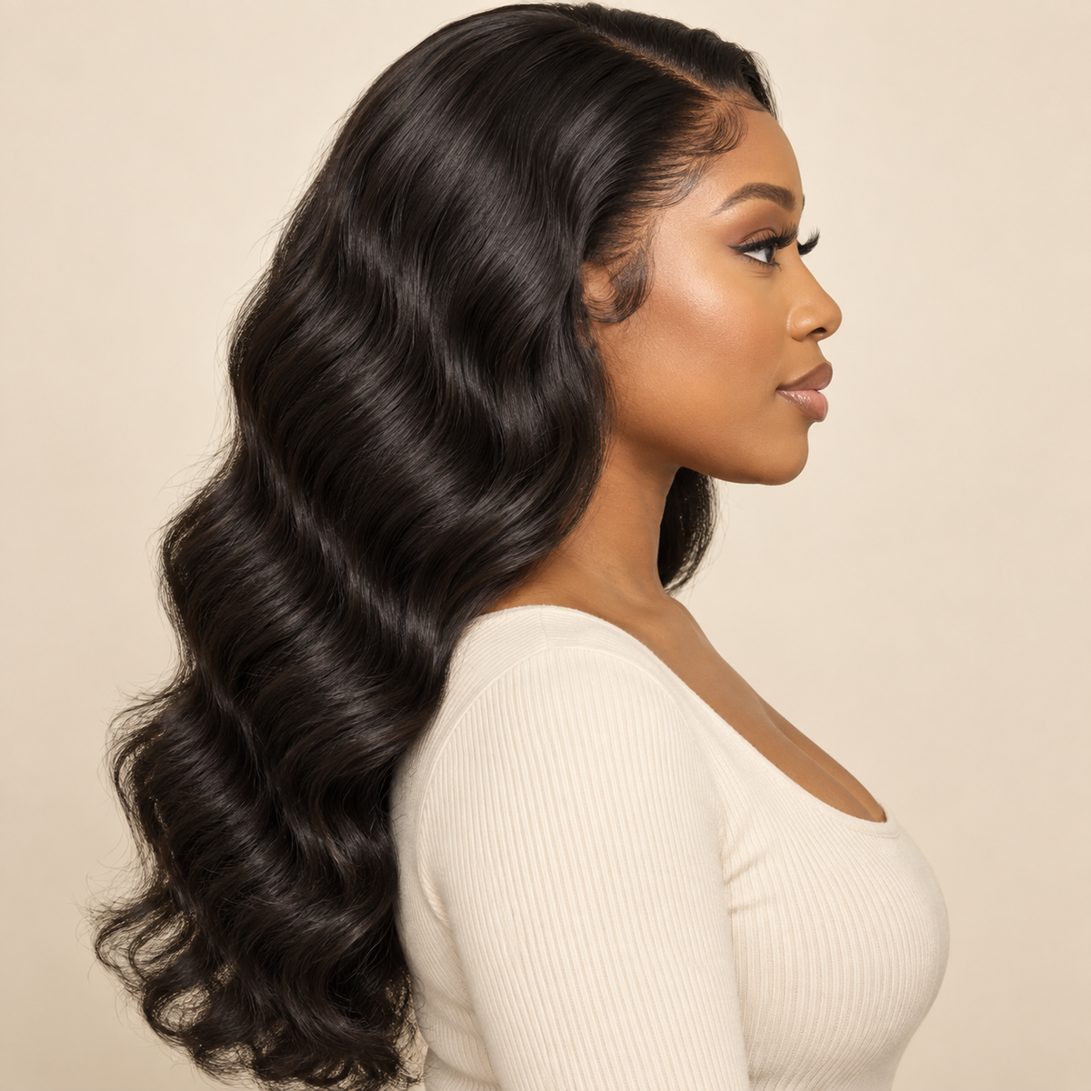 Body Wave 360 Lace Human Hair Wig, 18 inch natural black body wave, adult model side view, AI-generated visualization.