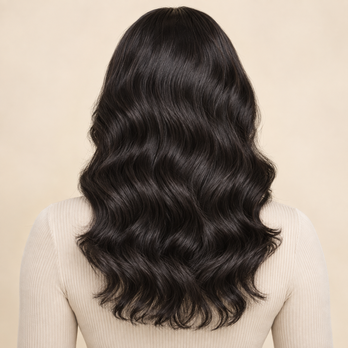 Body Wave 4x4 Closure human hair wig, natural black, 18 inch, 150% density, back view, AI-generated visualization.