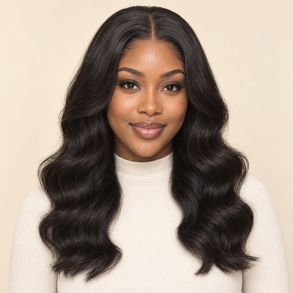 Body Wave 4x4 Closure human hair wig, natural black, 18 inch, 150% density, front view, AI-generated visualization.