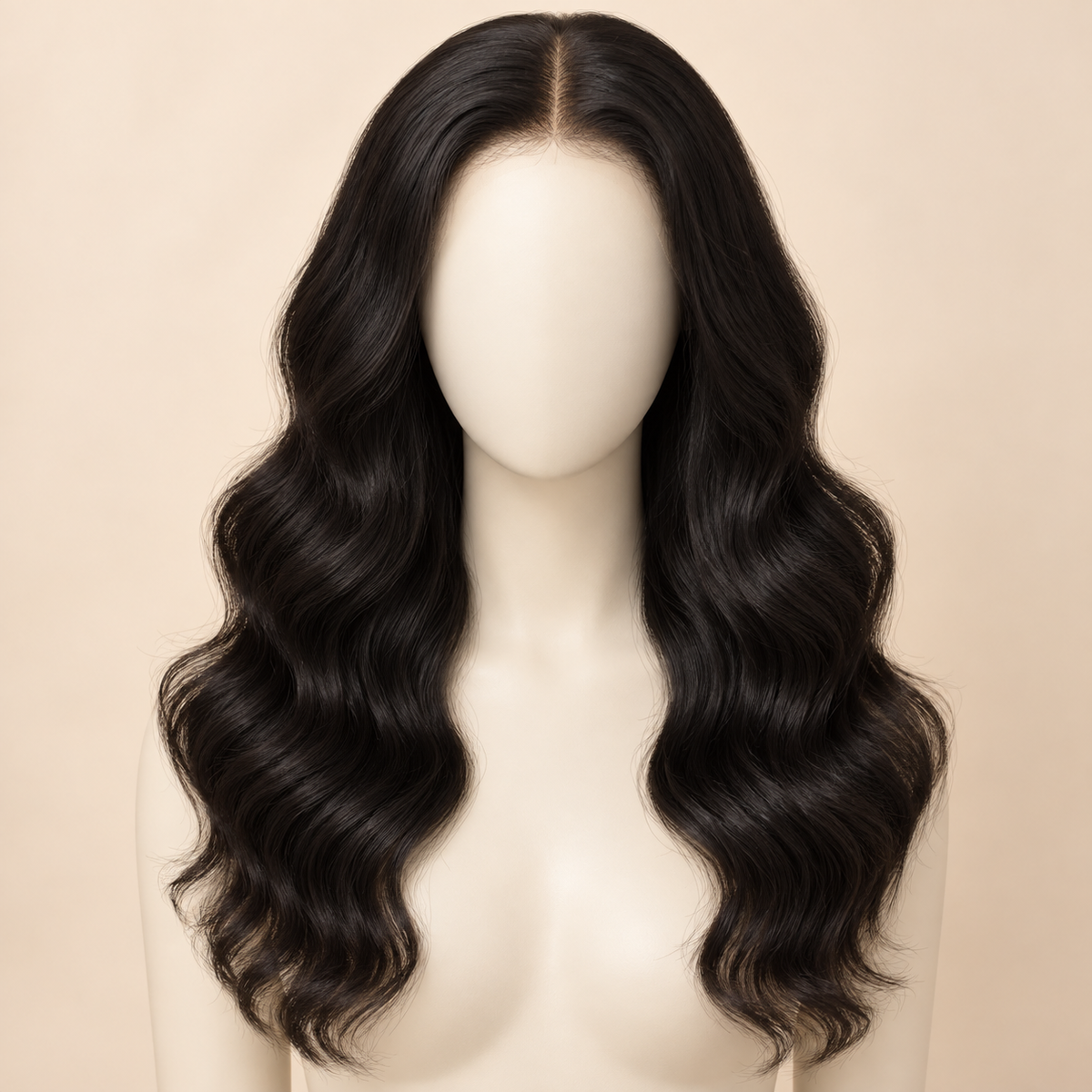 Body Wave 4x4 Closure human hair wig, natural black, 18 inch, 150% density, mannequin primary view, AI-generated visualization.