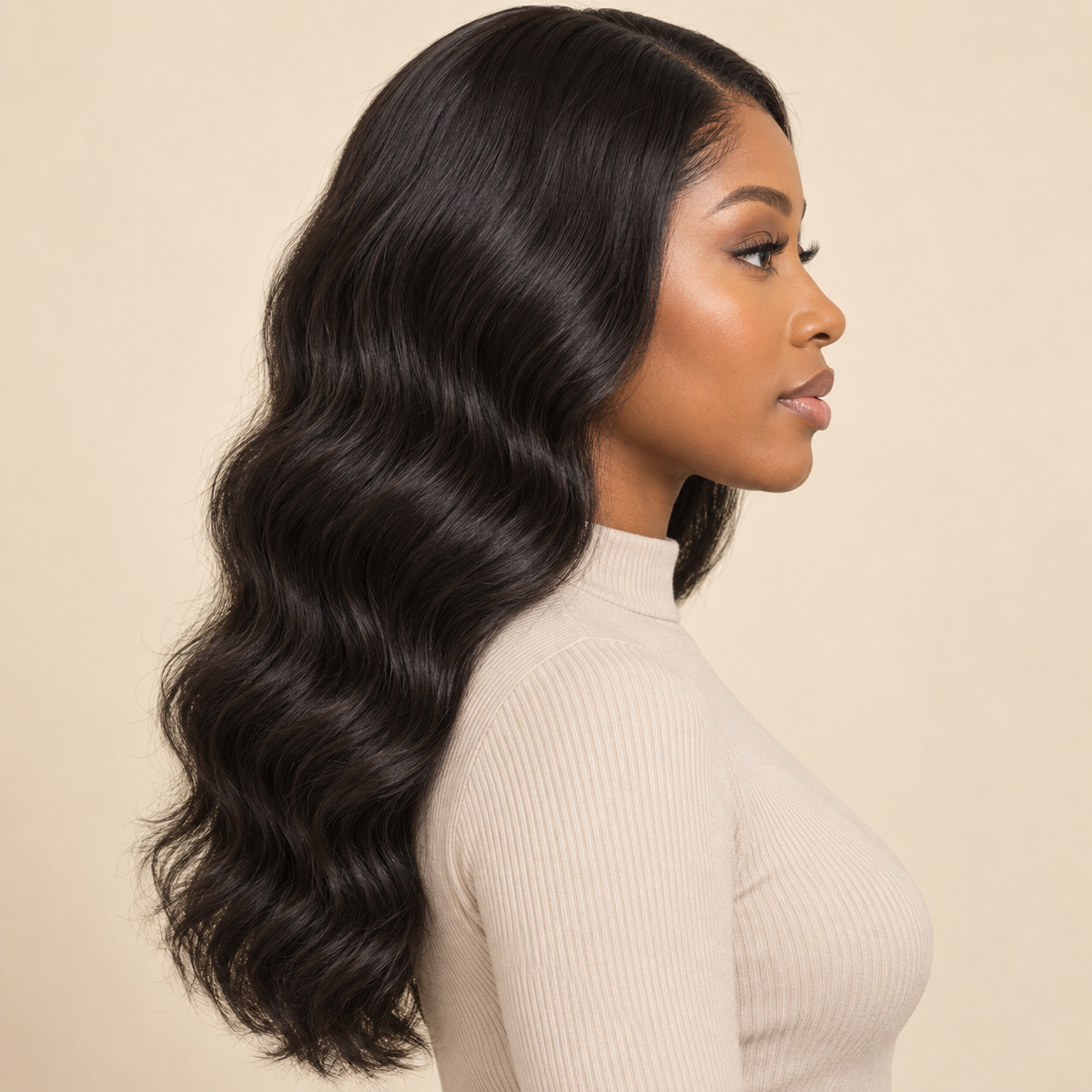 Body Wave 4x4 Closure human hair wig, natural black, 18 inch, 150% density, side view, AI-generated visualization.