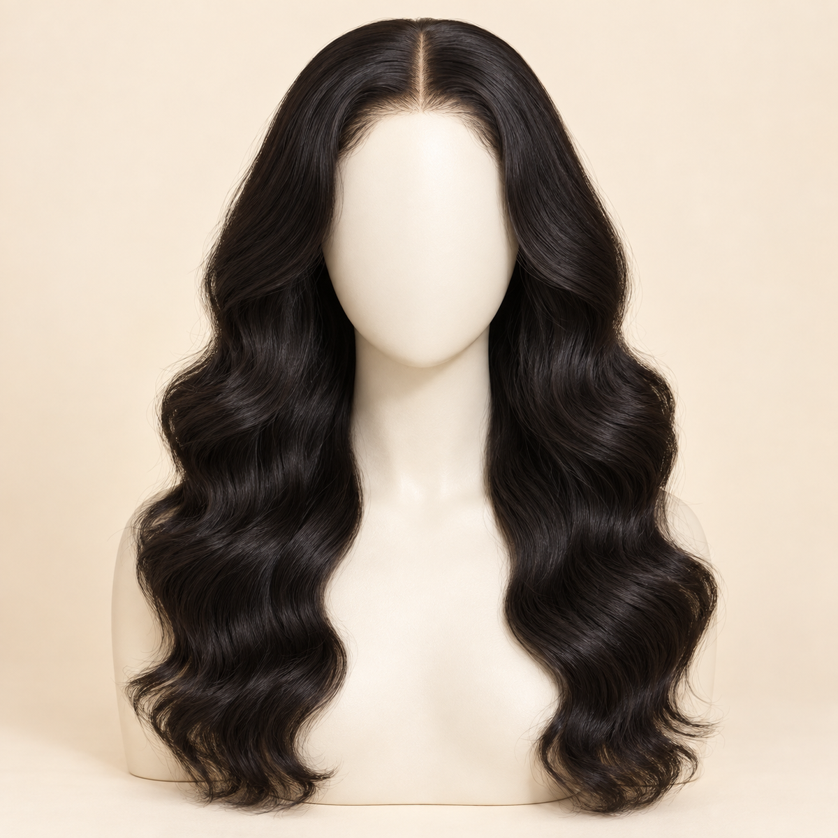 Body Wave 4x4 Closure human hair wig, natural black, 18 inch, 180% density, mannequin view, AI-generated visualization.