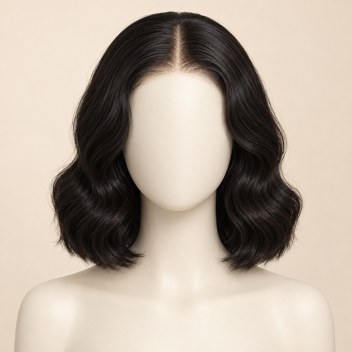 Body Wave 4x4 Closure human hair wig, natural black, 10 inch length, mannequin view, AI-generated visualization.