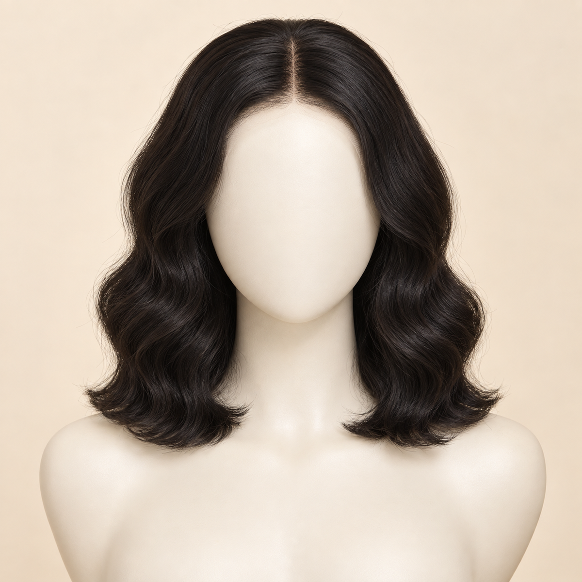 Body Wave 4x4 Closure human hair wig, natural black, 12 inch length, mannequin view, AI-generated visualization.