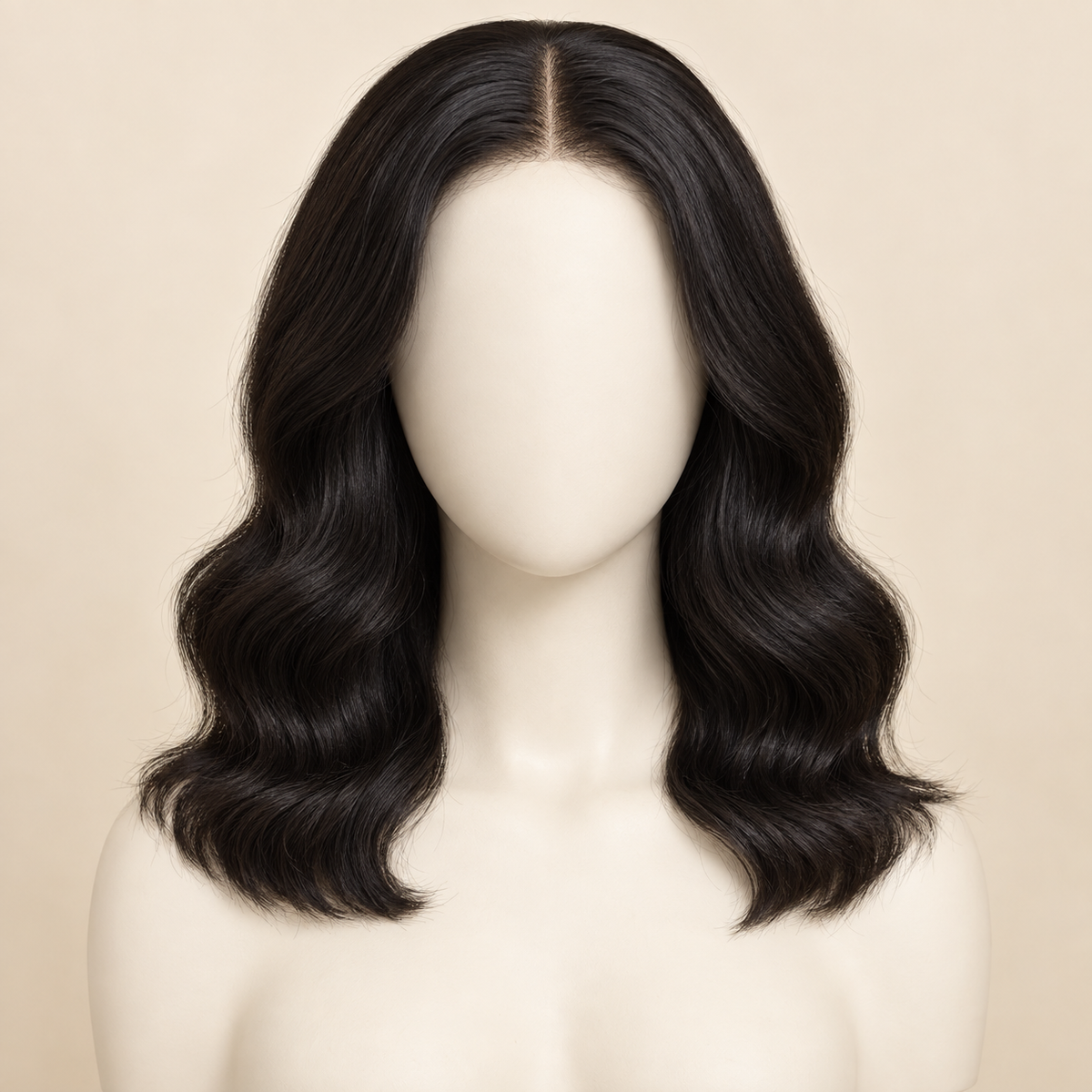Body Wave 4x4 Closure human hair wig, natural black, 14 inch length, mannequin view, AI-generated visualization.