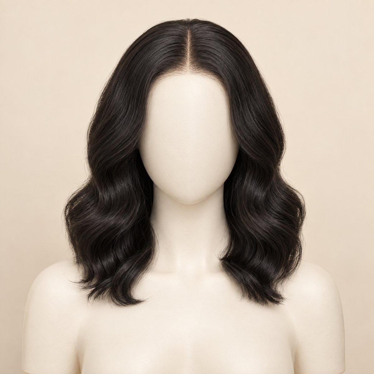 Body Wave 4x4 Closure human hair wig, natural black, 16 inch length, mannequin view, AI-generated visualization.