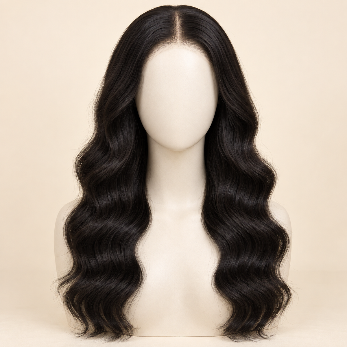 Body Wave 4x4 Closure human hair wig, natural black, 20 inch length, mannequin view, AI-generated visualization.
