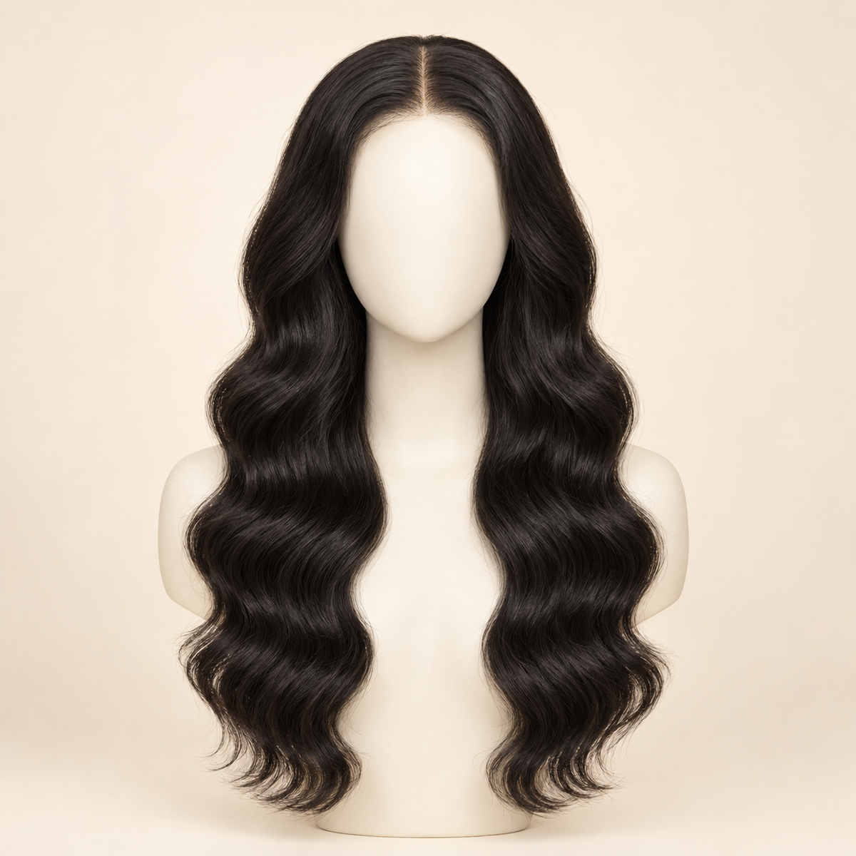 Body Wave 4x4 Closure human hair wig, natural black, 22 inch length, mannequin view, AI-generated visualization.