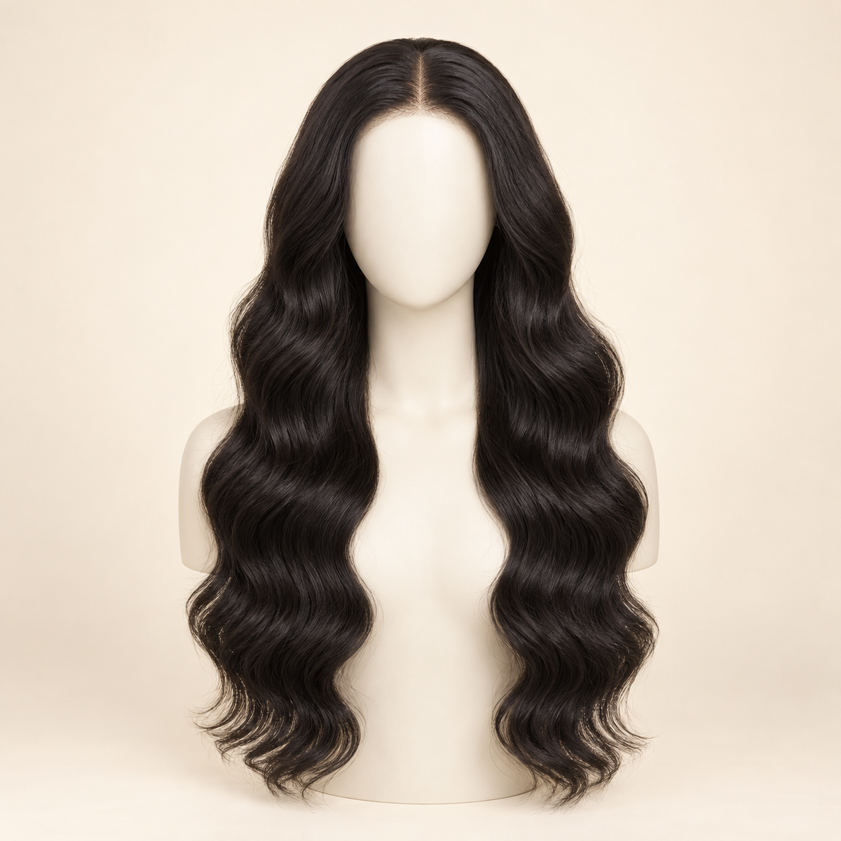 Body Wave 4x4 Closure human hair wig, natural black, 24 inch length, mannequin view, AI-generated visualization.