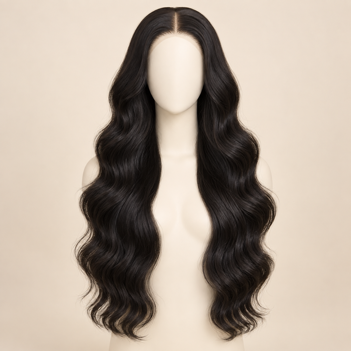Body Wave 4x4 Closure human hair wig, natural black, 26 inch length, mannequin view, AI-generated visualization.
