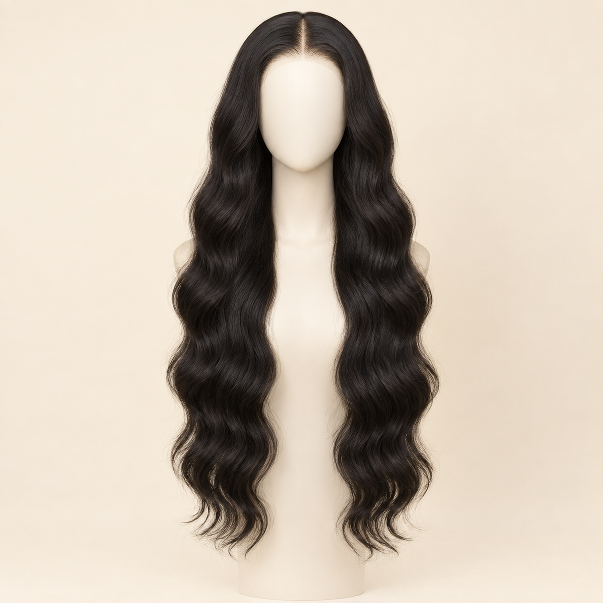 Body Wave 4x4 Closure human hair wig, natural black, 28 inch length, mannequin view, AI-generated visualization.