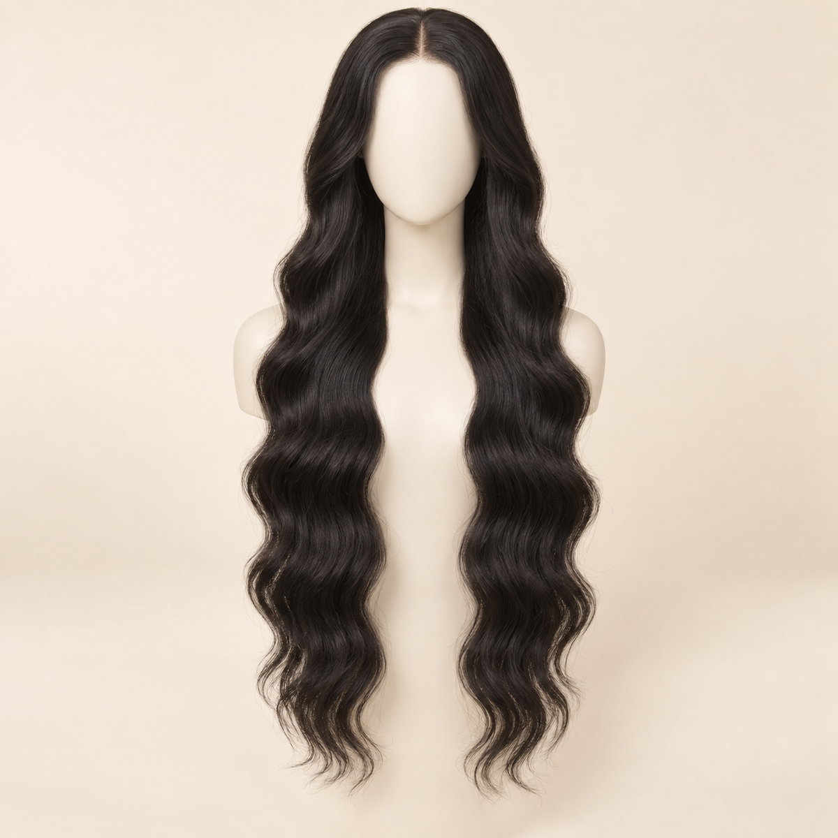 Body Wave 4x4 Closure human hair wig, natural black, 30 inch length, mannequin view, AI-generated visualization.