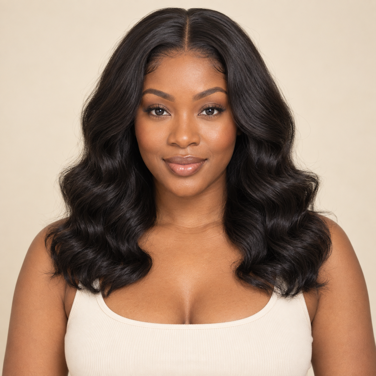 Body Wave 4x4 Closure human hair wig, natural black, 18 inch, 150% density, front view, AI-generated visualization.