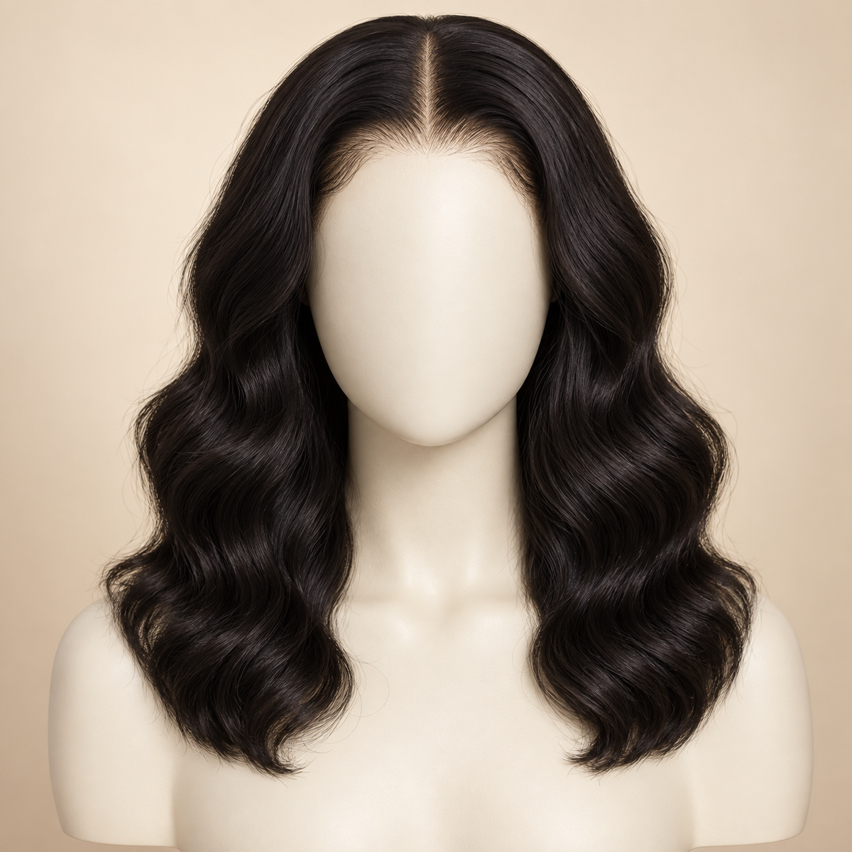 Body Wave 4x4 Closure human hair wig, natural black, 18 inch, 150% density, mannequin primary view, AI-generated visualization.