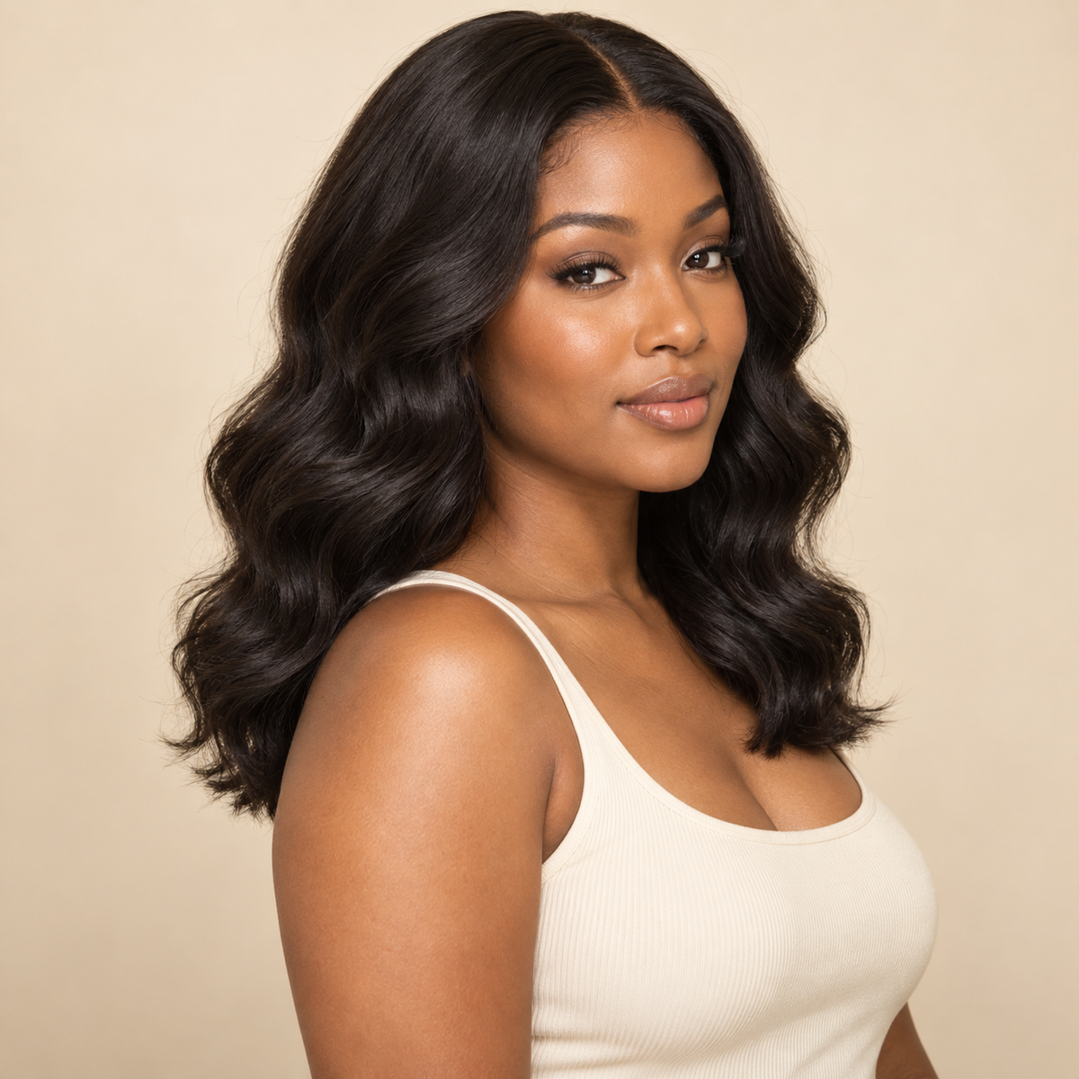Body Wave 4x4 Closure human hair wig, natural black, 18 inch, 150% density, three-quarter view, AI-generated visualization.