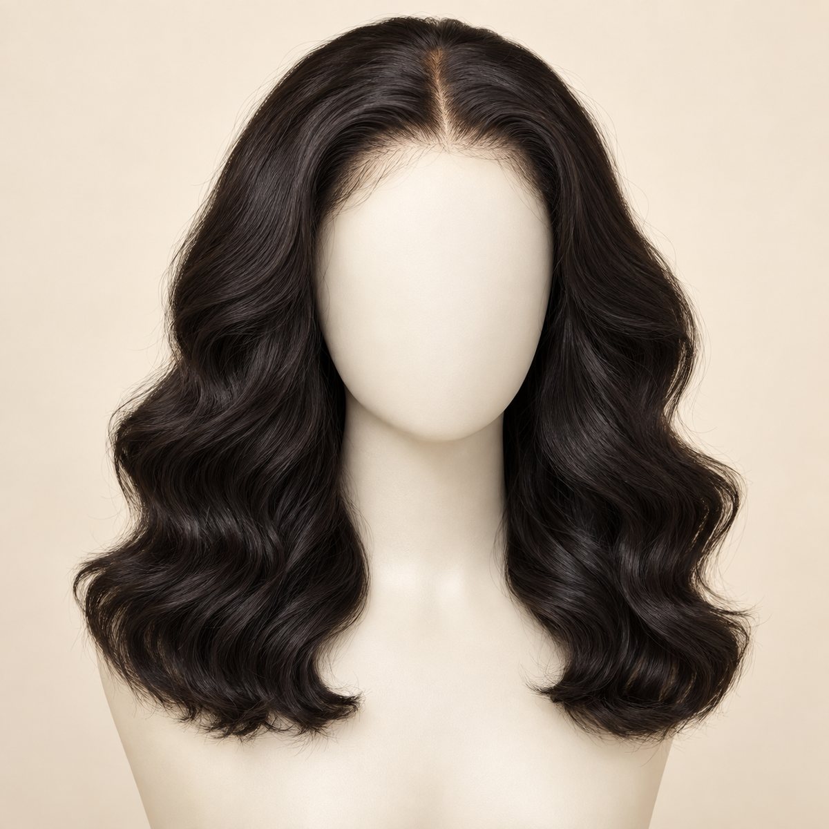 Body Wave 4x4 Closure human hair wig, natural black, 18 inch, 180% density, mannequin view, AI-generated visualization.