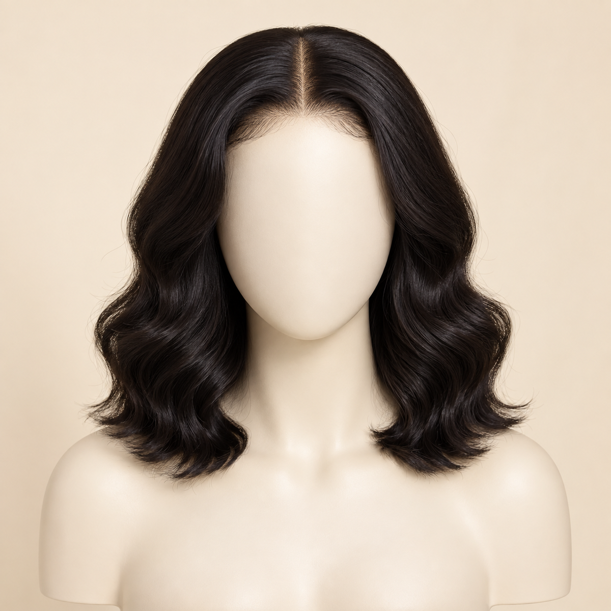Body Wave 4x4 Closure human hair wig, natural black, 10 inch length, mannequin view, AI-generated visualization.