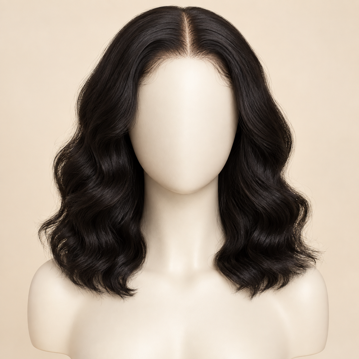 Body Wave 4x4 Closure human hair wig, natural black, 12 inch length, mannequin view, AI-generated visualization.