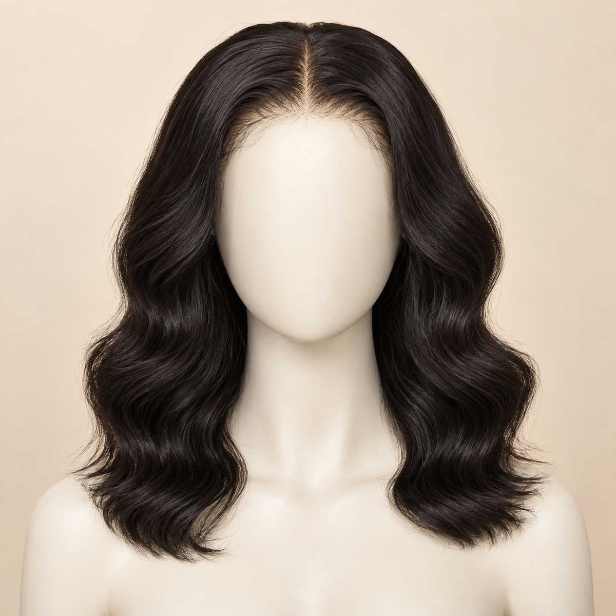 Body Wave 4x4 Closure human hair wig, natural black, 14 inch length, mannequin view, AI-generated visualization.