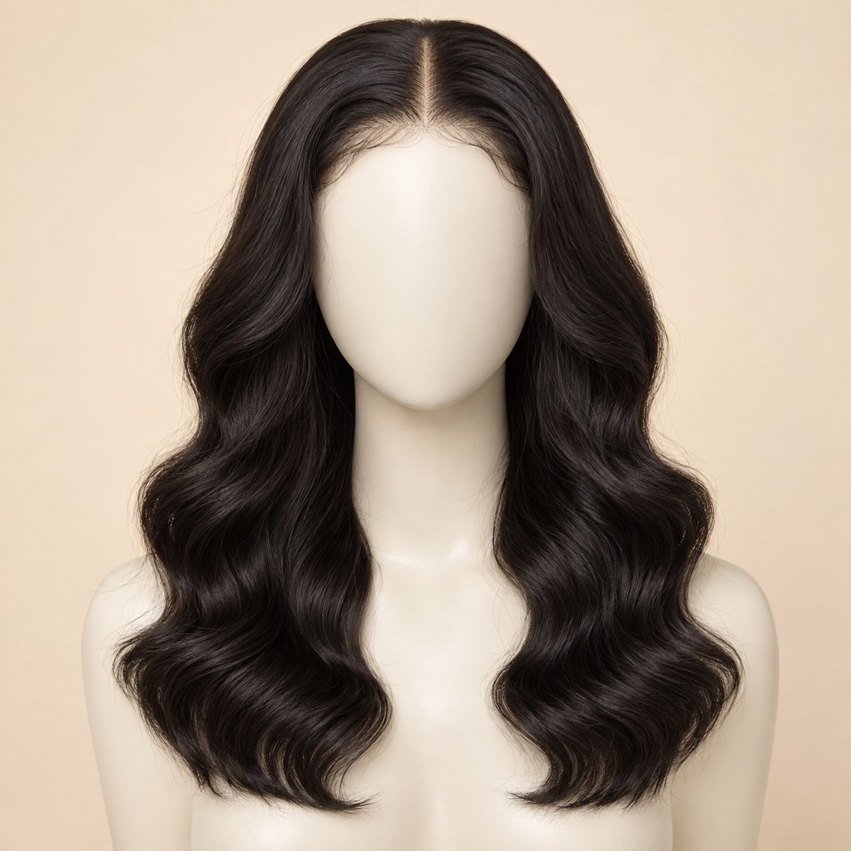 Body Wave 4x4 Closure human hair wig, natural black, 16 inch length, mannequin view, AI-generated visualization.