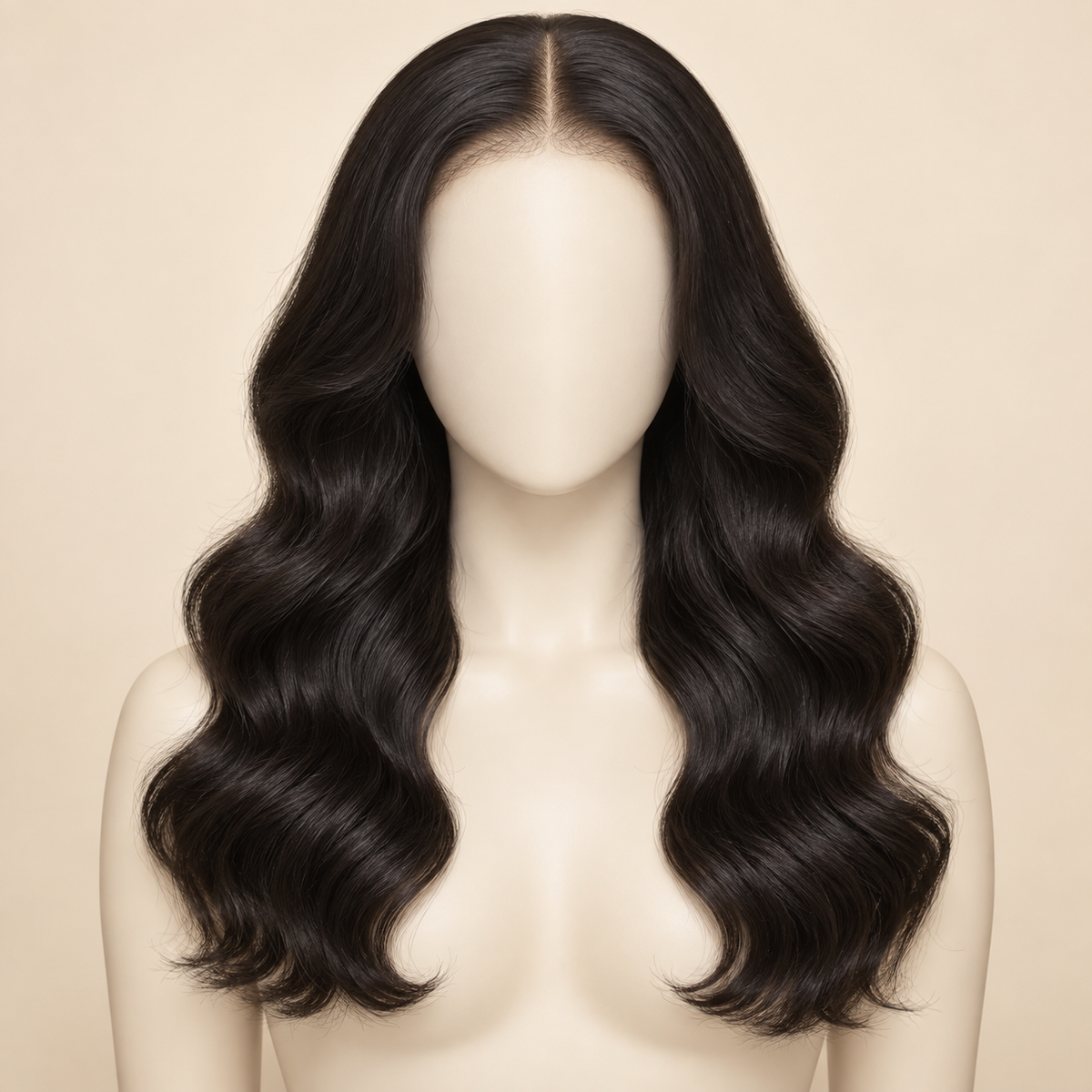 Body Wave 4x4 Closure human hair wig, natural black, 20 inch length, mannequin view, AI-generated visualization.