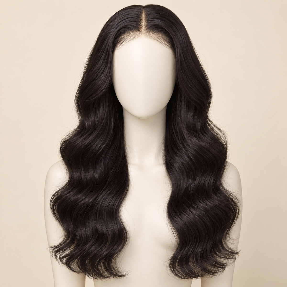 Body Wave 4x4 Closure human hair wig, natural black, 22 inch length, mannequin view, AI-generated visualization.