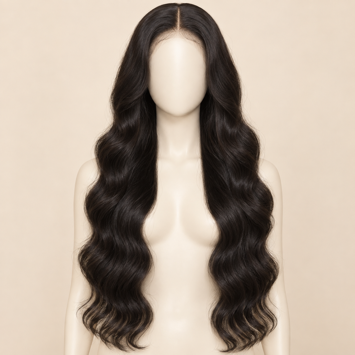 Body Wave 4x4 Closure human hair wig, natural black, 24 inch length, mannequin view, AI-generated visualization.
