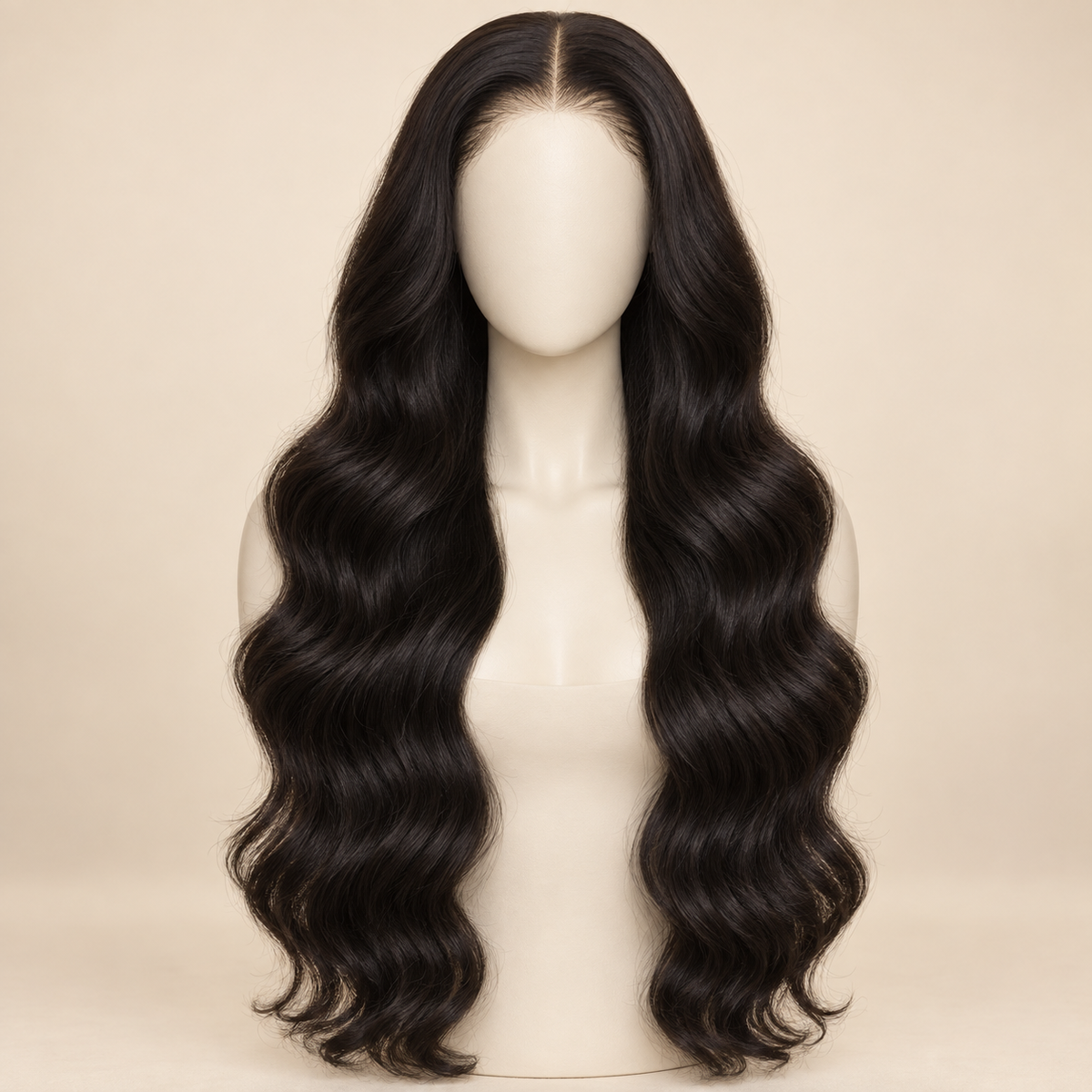 Body Wave 4x4 Closure human hair wig, natural black, 26 inch length, mannequin view, AI-generated visualization.