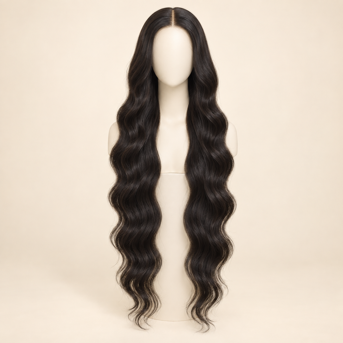 Body Wave 4x4 Closure human hair wig, natural black, 30 inch length, mannequin view, AI-generated visualization.