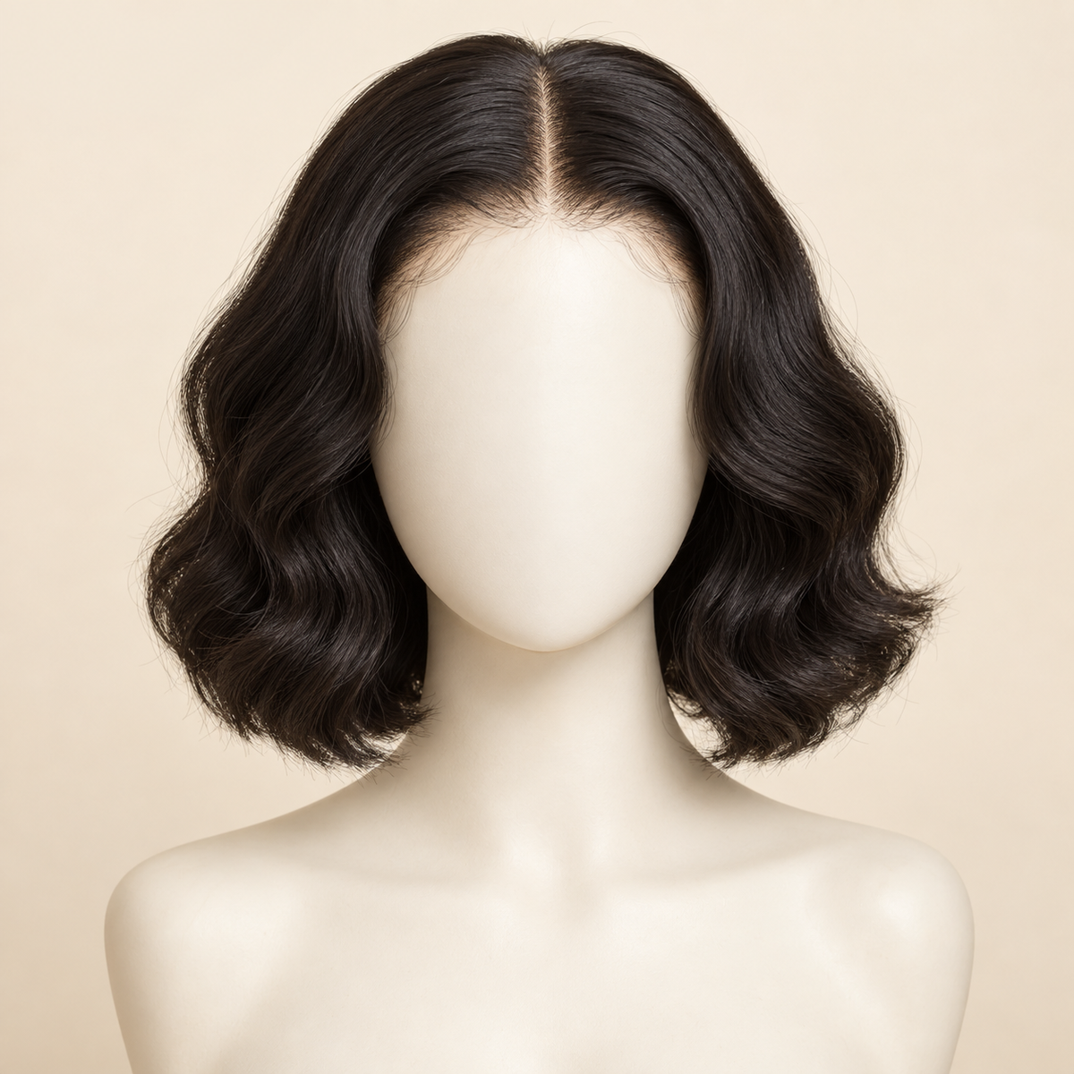 Body Wave 4x4 Closure human hair wig, natural black, 8 inch length, mannequin view, AI-generated visualization.