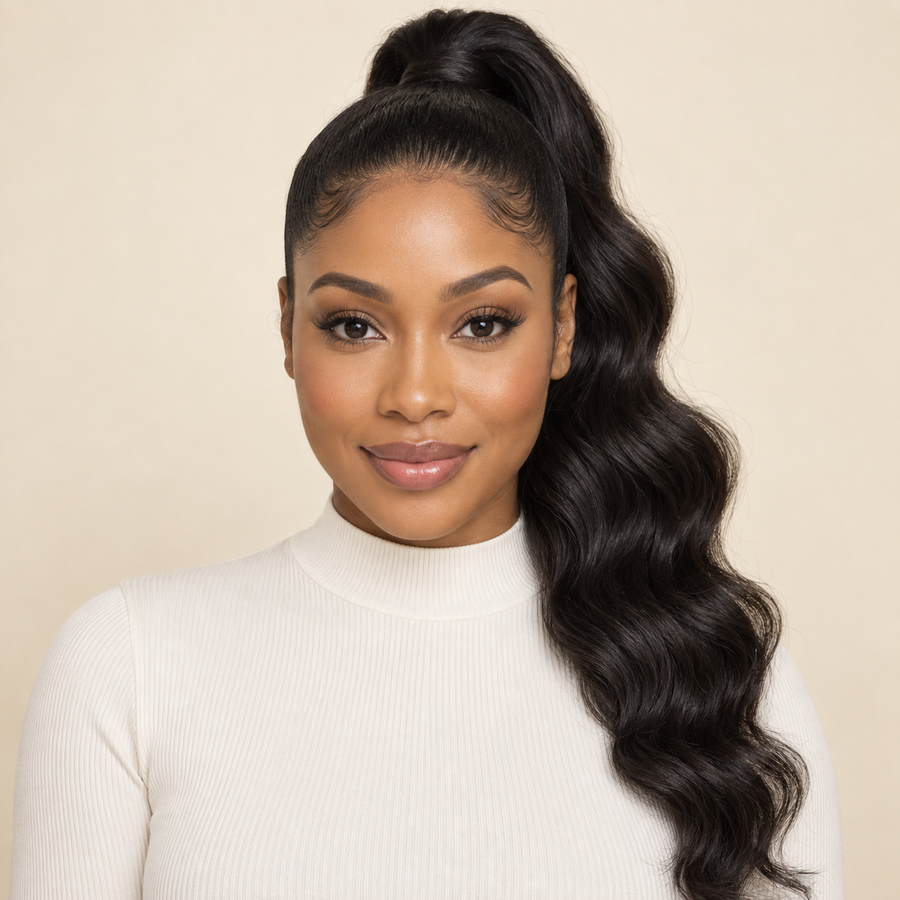 Body Wave Drawstring Ponytail human hair attachment, natural black, 18 inch, front attached view, AI-generated visualization.