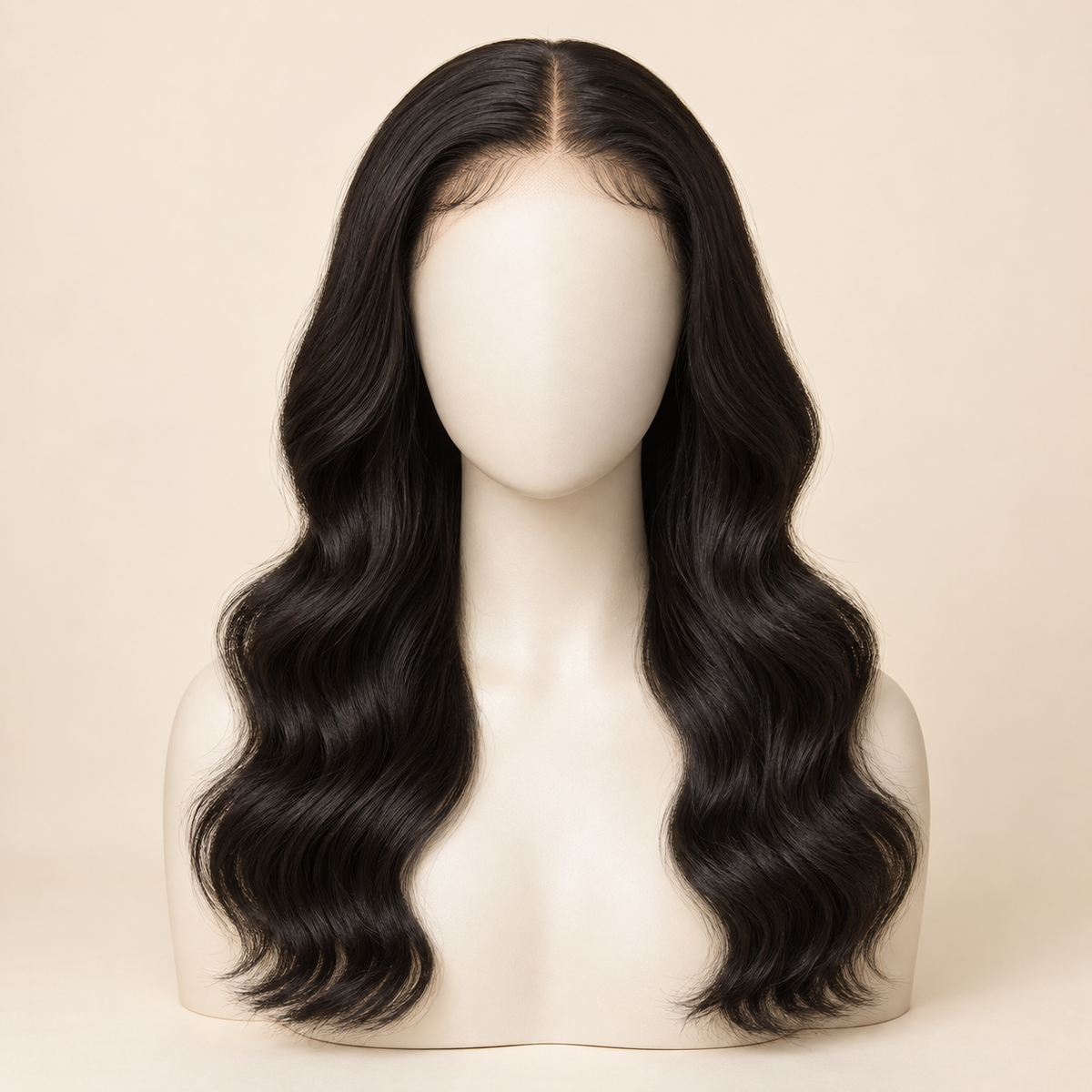Body Wave HD Lace Closure human-hair wig, 1B natural black, 4x4 HD lace closure, 18 inch, mannequin primary view, AI-generated visualization.