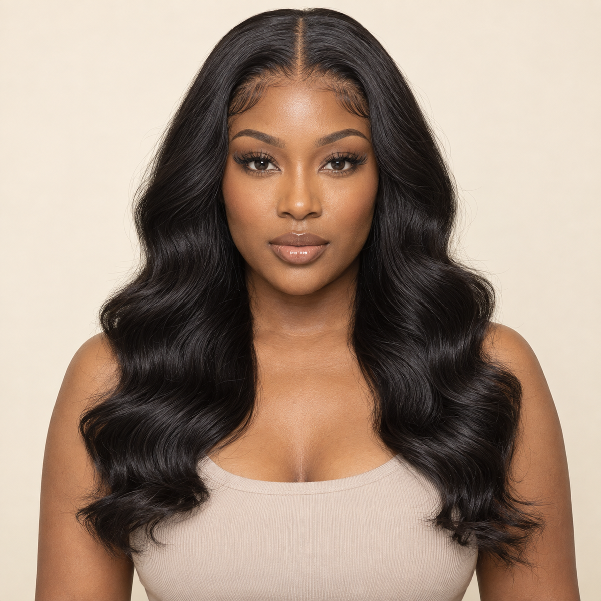 Body Wave HD Lace Closure human-hair wig, 1B natural black, 4x4 HD lace closure, 18 inch, front view, AI-generated visualization.
