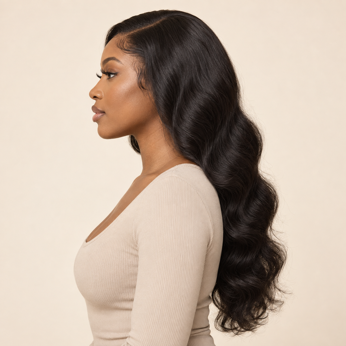 Body Wave HD Lace Closure human-hair wig, 1B natural black, 4x4 HD lace closure, 18 inch, side view, AI-generated visualization.