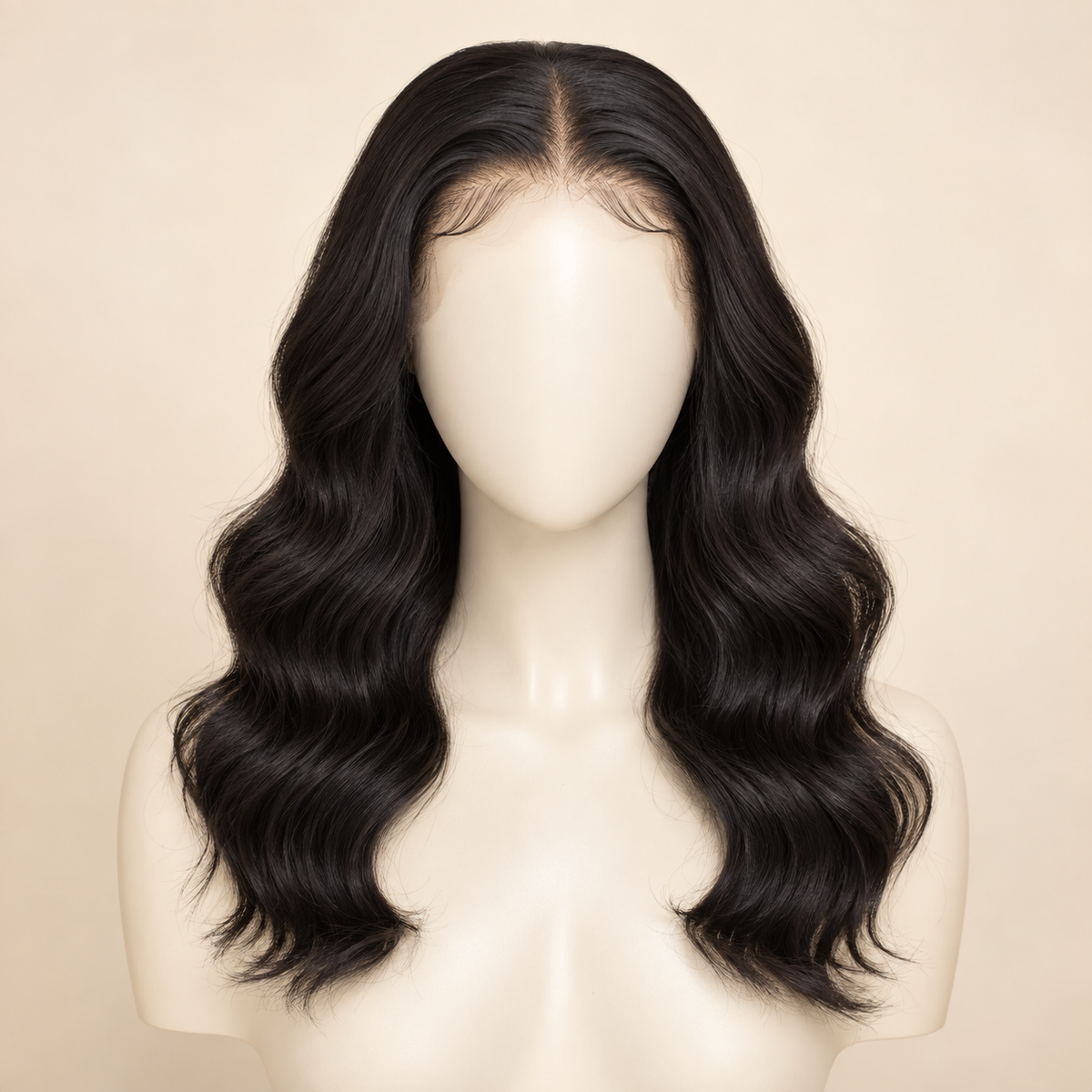 Body Wave HD Lace Closure human-hair wig, 1B natural black, 4x4 HD lace closure, 16 inch, mannequin length view, AI-generated visualization.