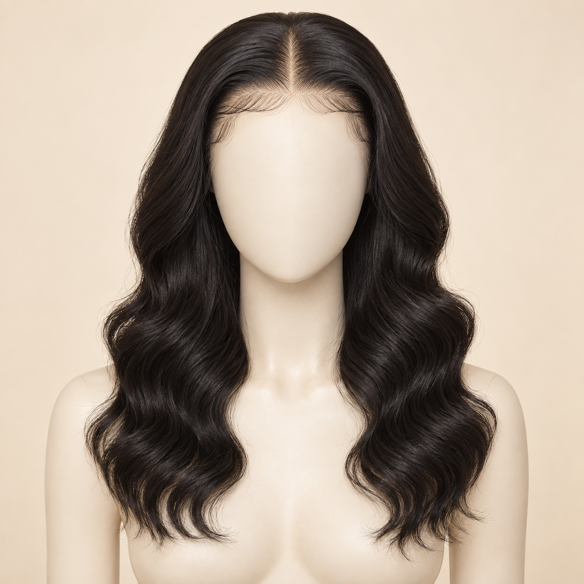 Body Wave HD Lace Closure human-hair wig, 1B natural black, 5x5 HD lace closure, 16 inch, mannequin length view, AI-generated visualization.