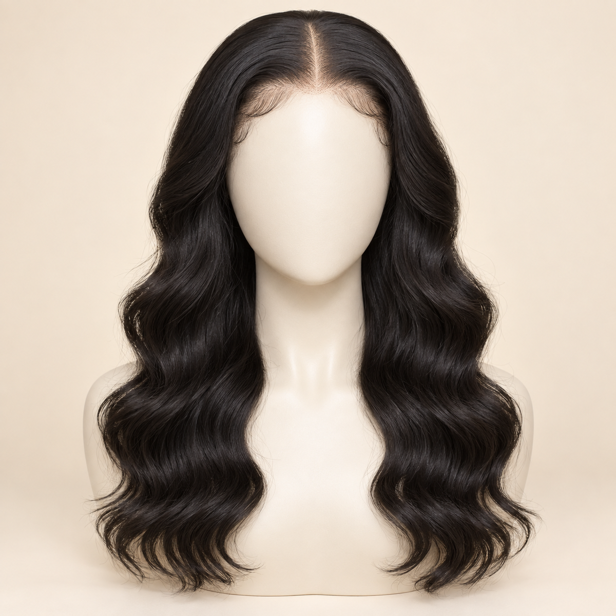 Body Wave HD Lace Closure human-hair wig, 1B natural black, 5x5 HD lace closure, 18 inch, mannequin length view, AI-generated visualization.