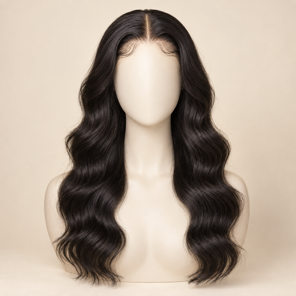 Body Wave HD Lace Closure human-hair wig, 1B natural black, 4x4 HD lace closure, 20 inch, mannequin length view, AI-generated visualization.